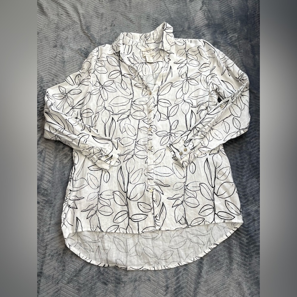 Cynthia Rowley 100% Linen Lagenlook Shirt White With Black Leaf Pattern